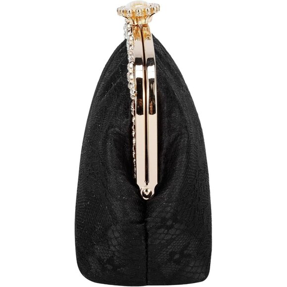 ⚡ Women's Fabric Lace Pearl Chain Rhinestones Black Shoulder Clutch Bag - Picture 9 of 9